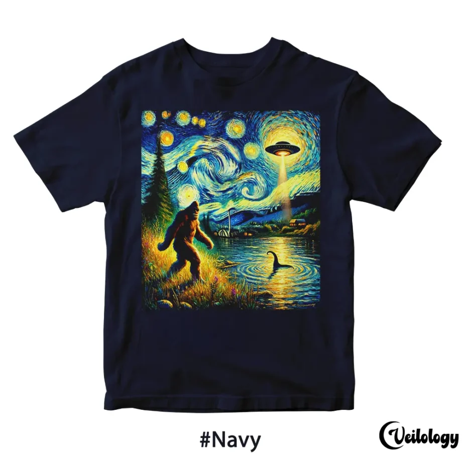 Starry Night cryptid shirt with Bigfoot, UFO, and Loch Ness Monster design