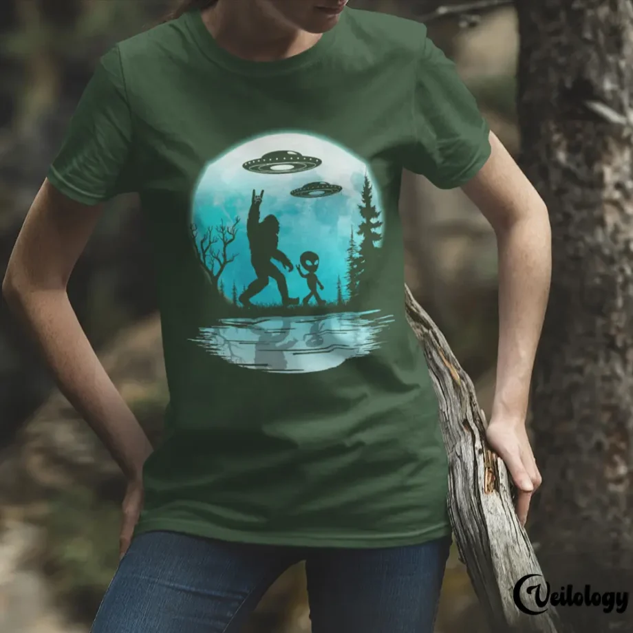 UFO Bigfoot and alien t-shirt with full moon forest