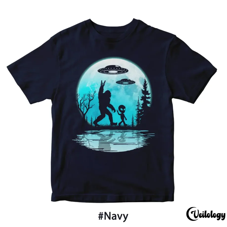 Navy t-shirt featuring Bigfoot and alien with moonlit background