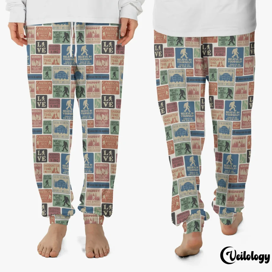 Sasquatch retro pajama pants featuring Bigfoot signs and vintage messages