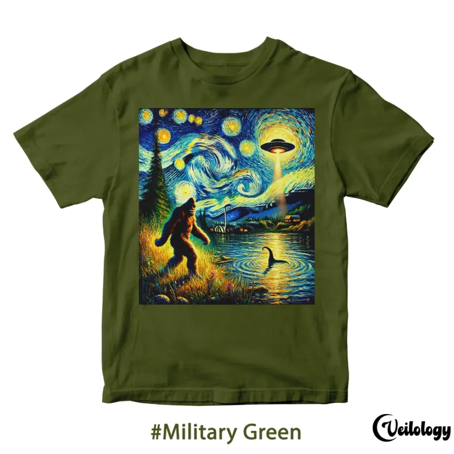 Van Gogh-inspired shirt featuring Bigfoot, UFOs, and the Loch Ness Monster