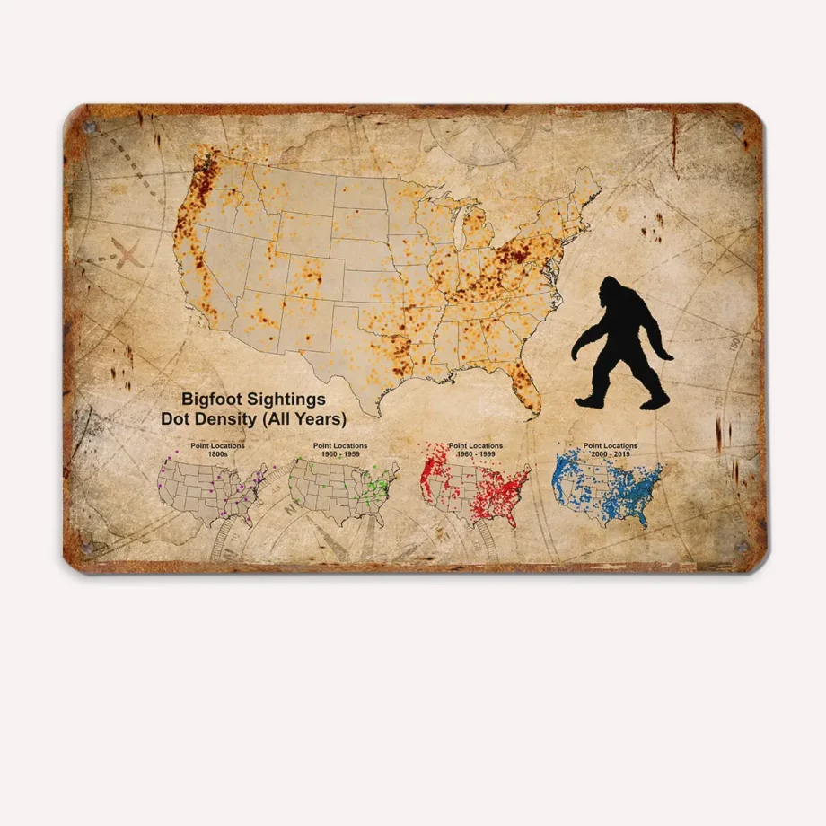 Bigfoot Sightings Map Tin Sign with Sasquatch and Nessie under a moonlit sky