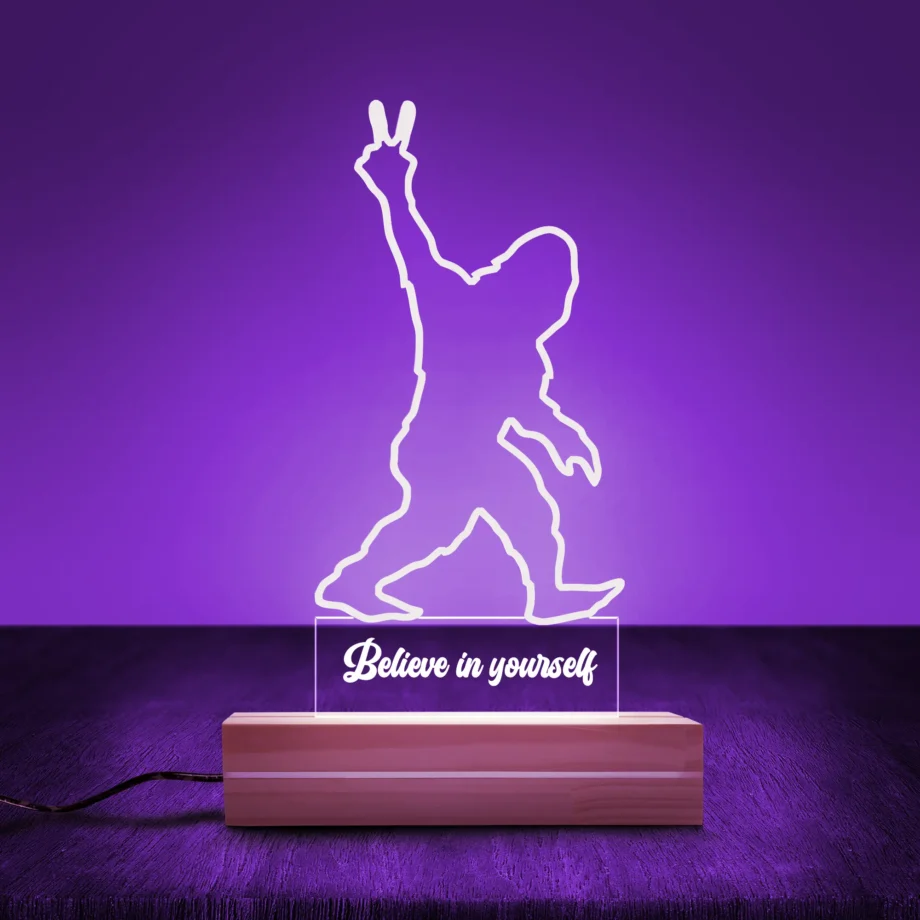 Believe Bigfoot LED lamp with Sasquatch peace design, perfect as a personalized 3D night light