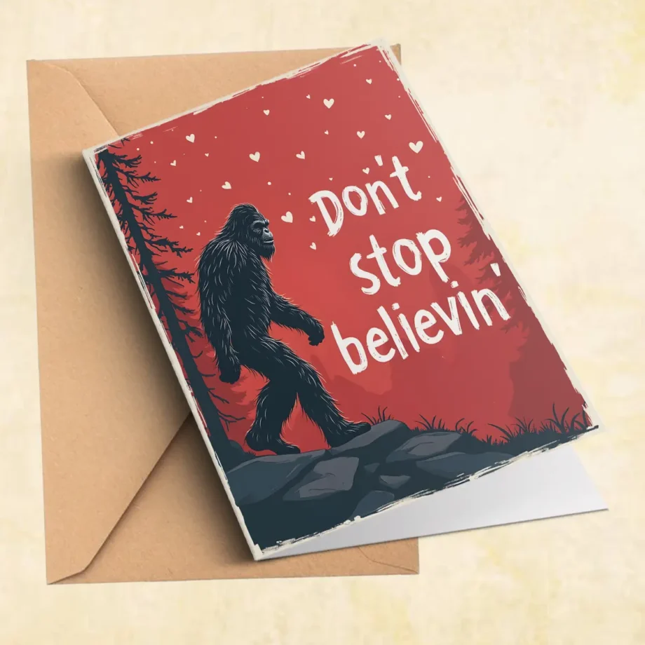 Sasquatch Valentine's Day card with 'Don't Stop Believin' quote and heart-themed forest design