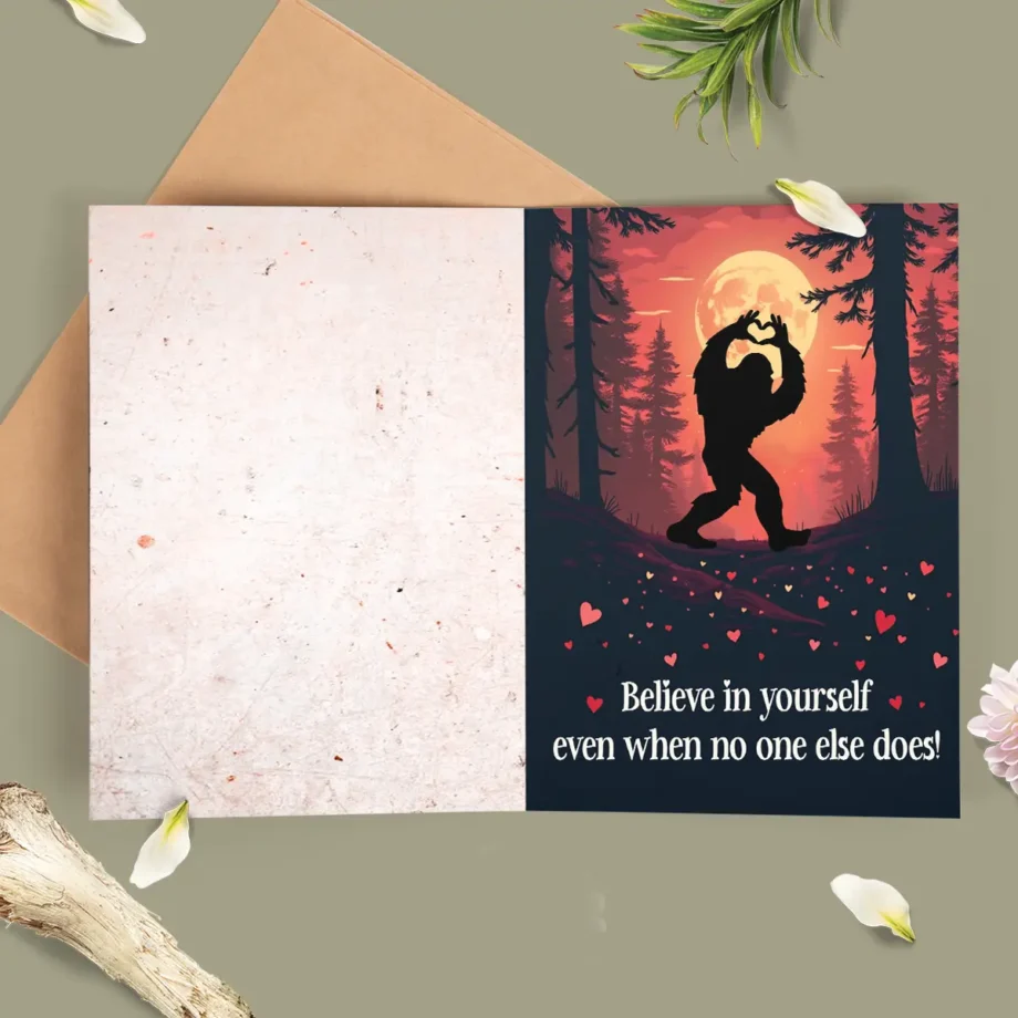 Funny Bigfoot Valentines Day Card featuring Sasquatch forming a heart with 'Believe in Yourself' quote