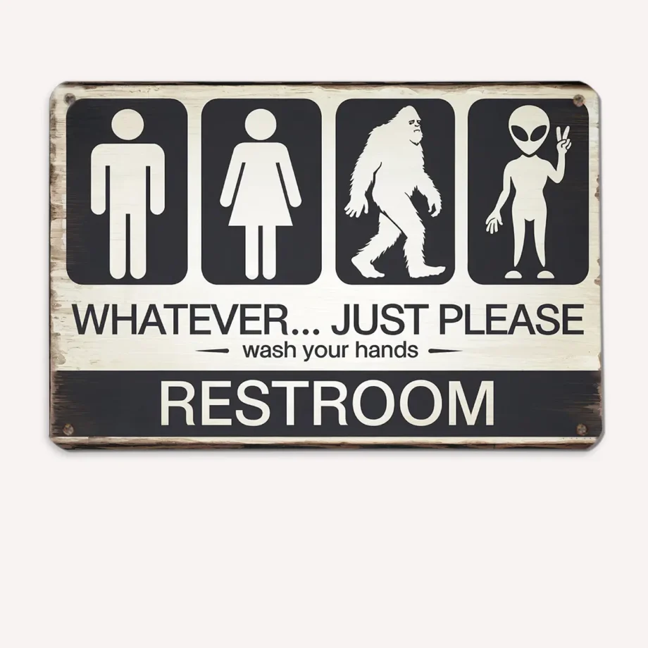 Bigfoot Alien Bathroom Tin Sign with 'Wash Your Hands' playful text