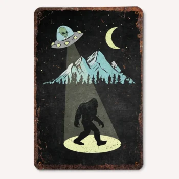 Bigfoot Alien UFO Tin Sign featuring Sasquatch illuminated by a UFO under a moonlit sky