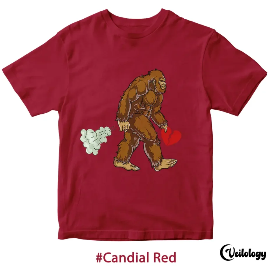 Anti-Valentine Sasquatch t-shirt with Bigfoot walking away holding a broken heart