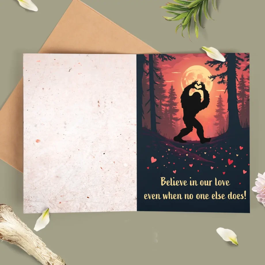 Romantic Sasquatch Valentine card with Bigfoot making a heart in a glowing forest setting