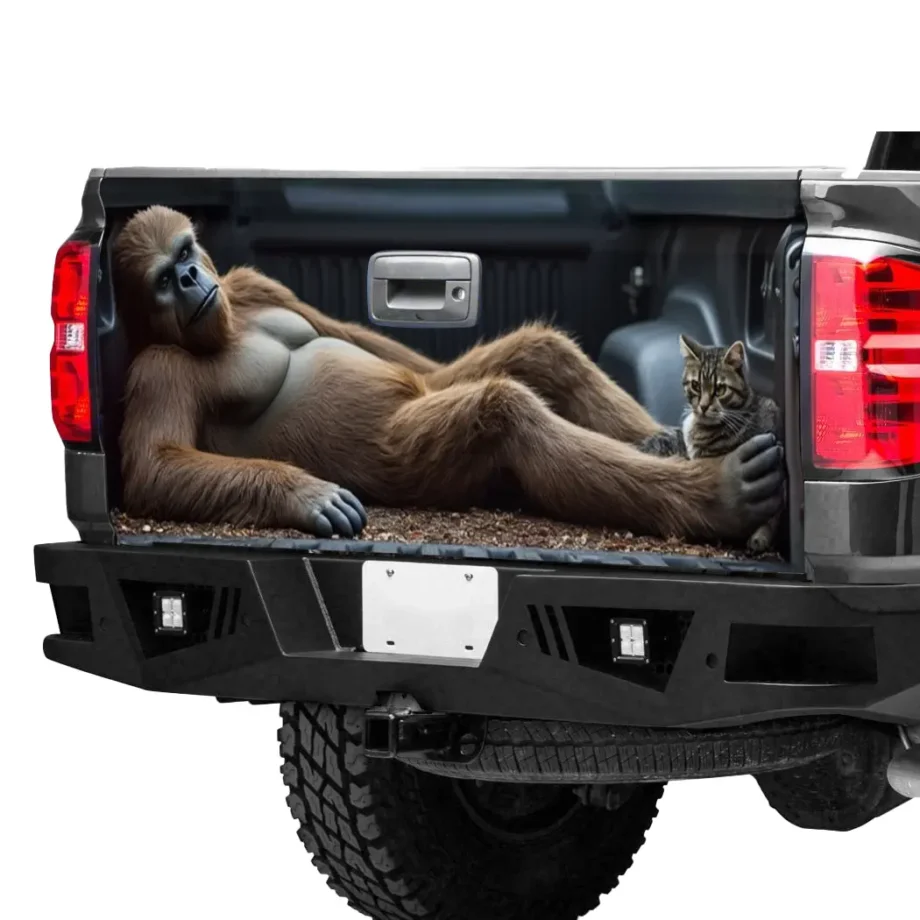 Bigfoot cat truck tailgate wrap featuring Sasquatch and a feline friend for vehicle decor