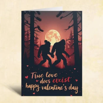 Bigfoot couple Valentines Day card featuring two Sasquatch holding hands under a full moon