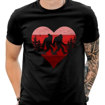 Bigfoot couple Valentine's Day t-shirt with Sasquatch holding hands in retro heart design