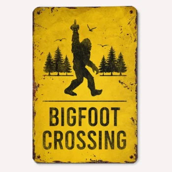 Middle finger Bigfoot crossing sign with vintage Sasquatch design for outdoor decor