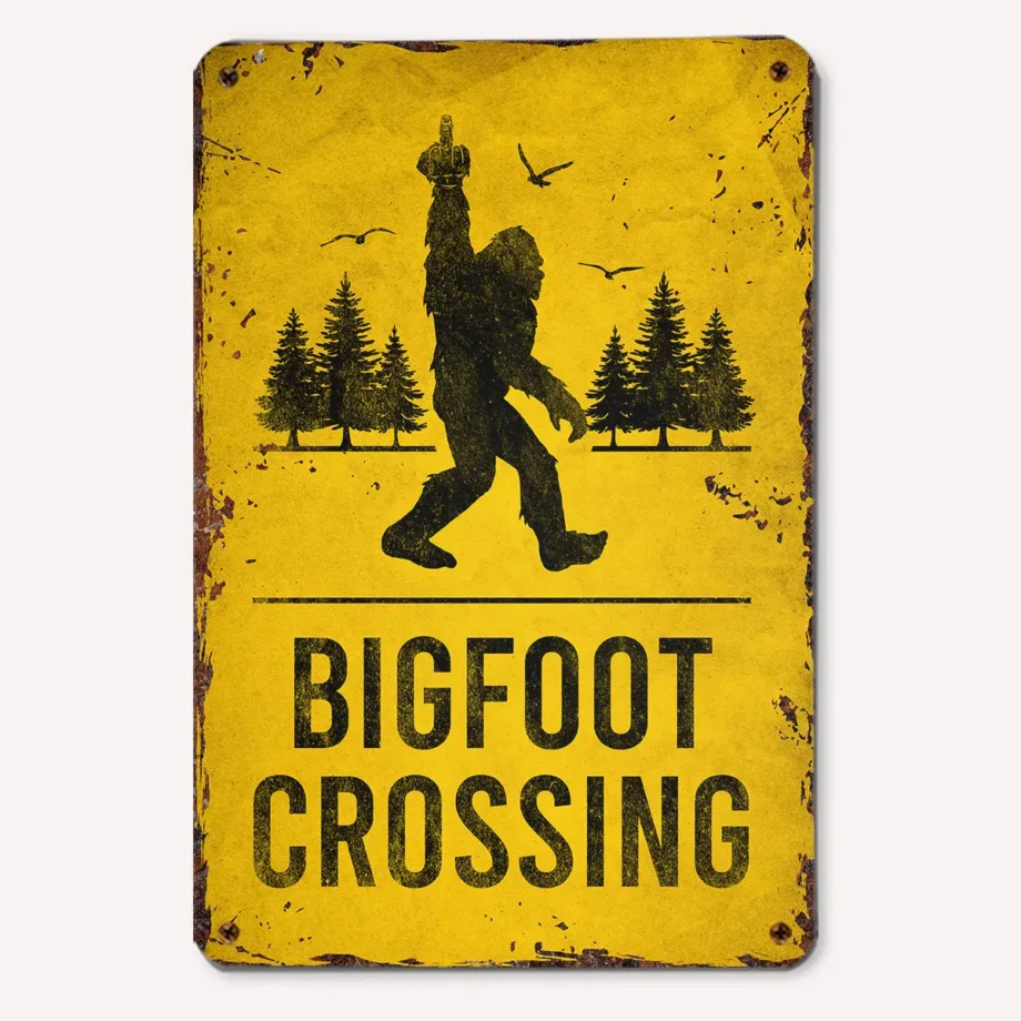 Middle finger Bigfoot crossing sign with vintage Sasquatch design for outdoor decor