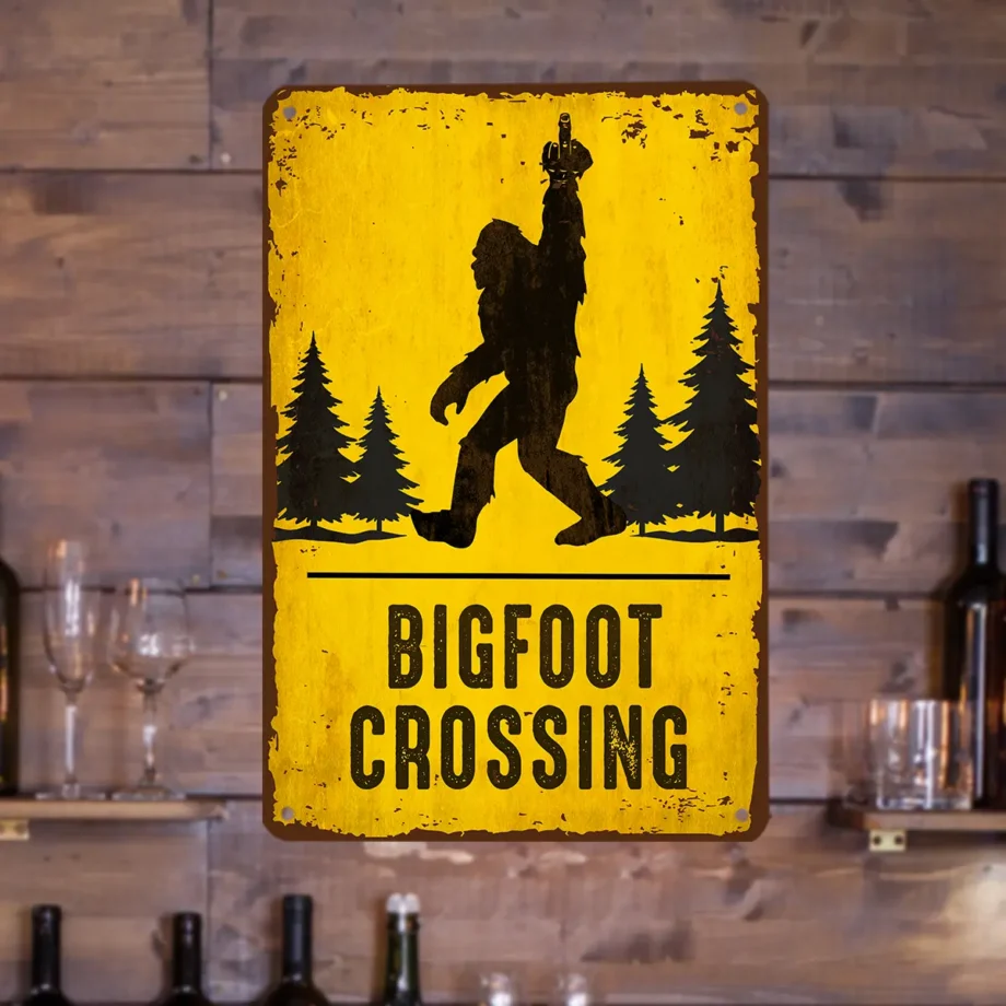 Sasquatch middle finger crossing sign in metal for home or yard decor