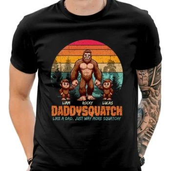 Custom Daddysquatch Bigfoot Dad shirt with retro design and custom names