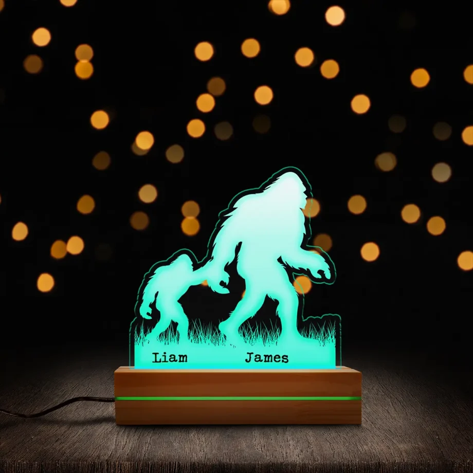 Personalized Sasquatch family night light with Bigfoot dad and children, custom name options