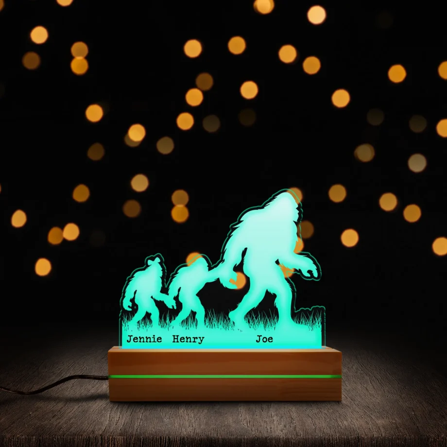 Bigfoot Family Personalized Night Light featuring Sasquatch dad and children with custom names.