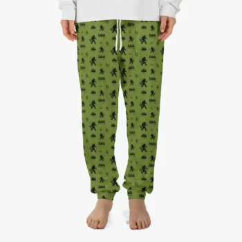 Bigfoot fishing pajama pants with Sasquatch silhouettes and forest-themed design