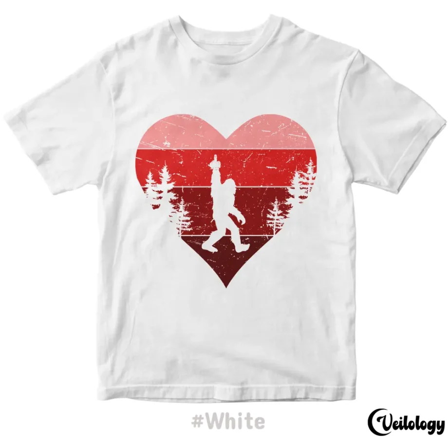 Anti-Valentine's Day Bigfoot t-shirt with Sasquatch flipping the middle finger inside a heart.