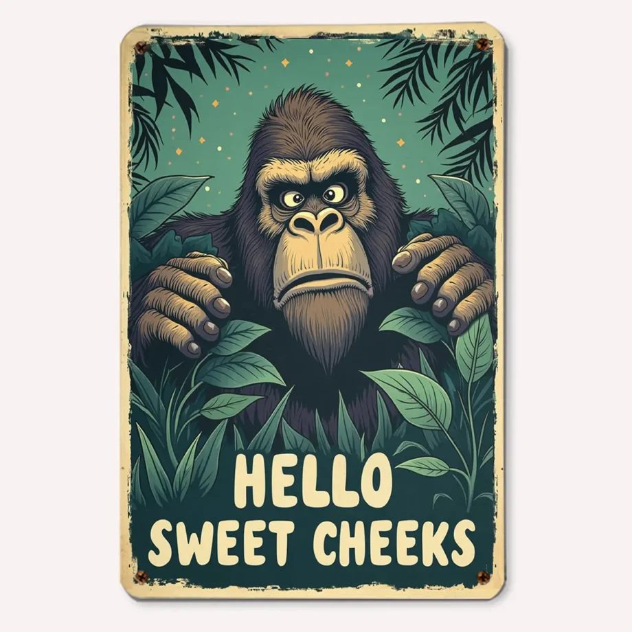 Bigfoot tin sign with 'Hello Sweet Cheeks' for Sasquatch bathroom wall decor