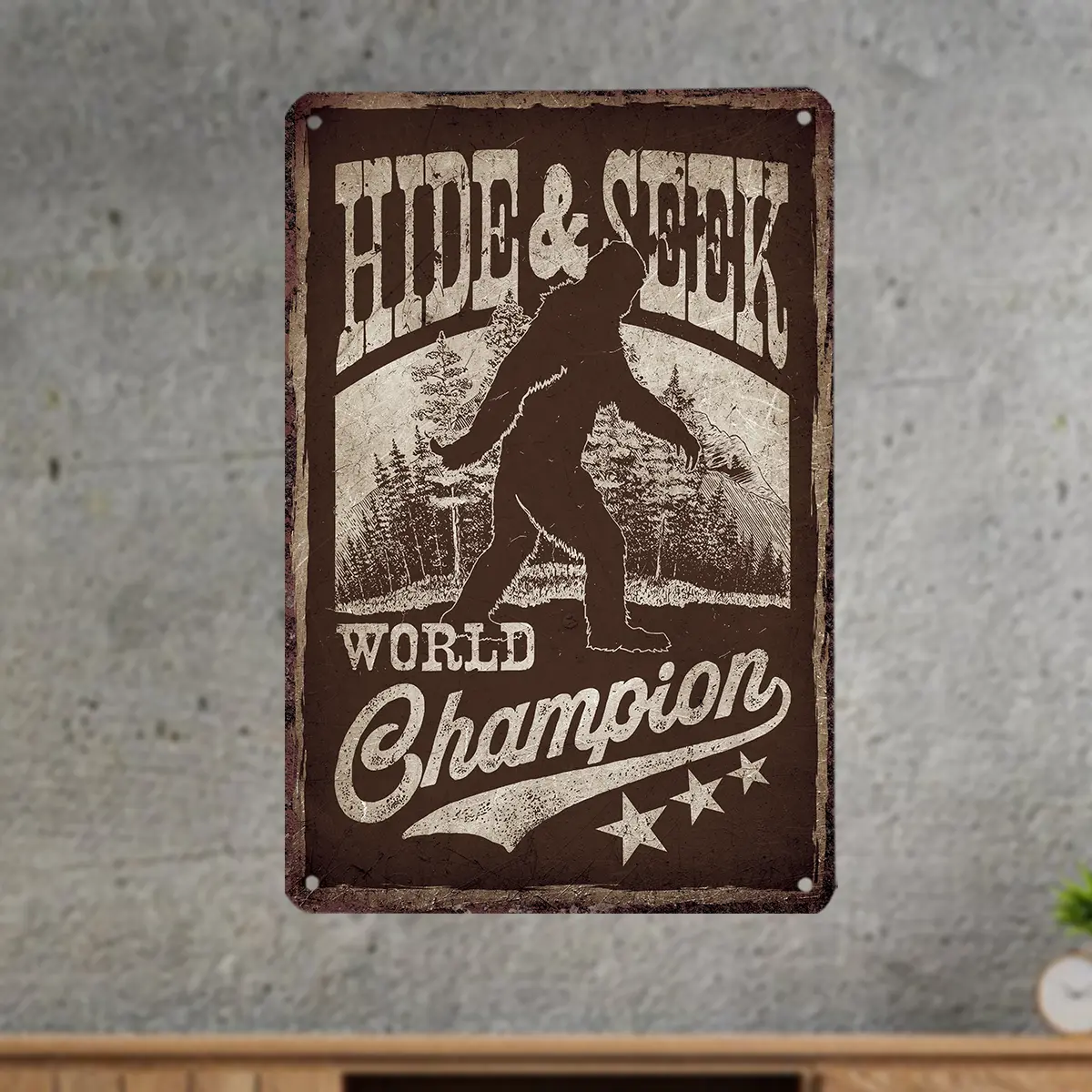 Sasquatch Hide and Seek Champion tin sign for wall decor, ideal for Bigfoot fans