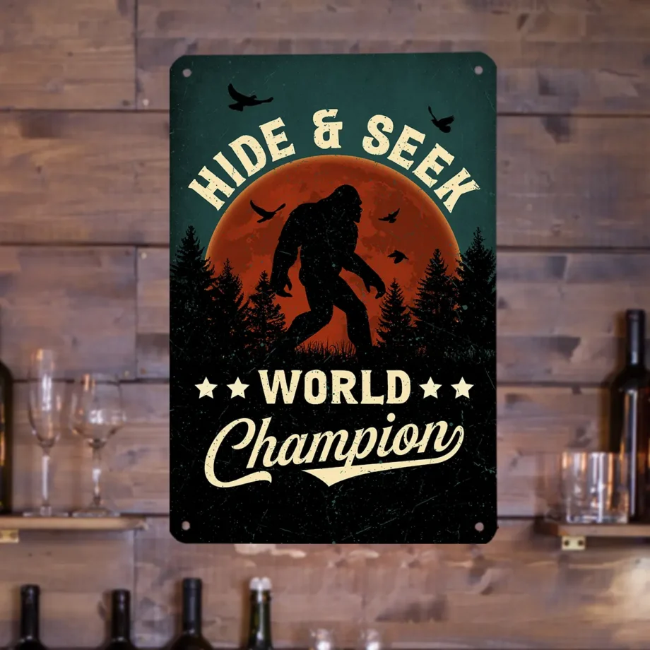 Hide & Seek Bigfoot tin sign with Sasquatch wall art for cryptid enthusiasts