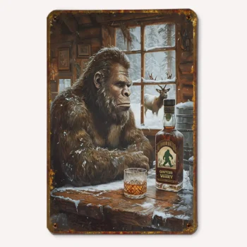 Bigfoot tin sign featuring Sasquatch enjoying whiskey in a rustic cabin for home decor