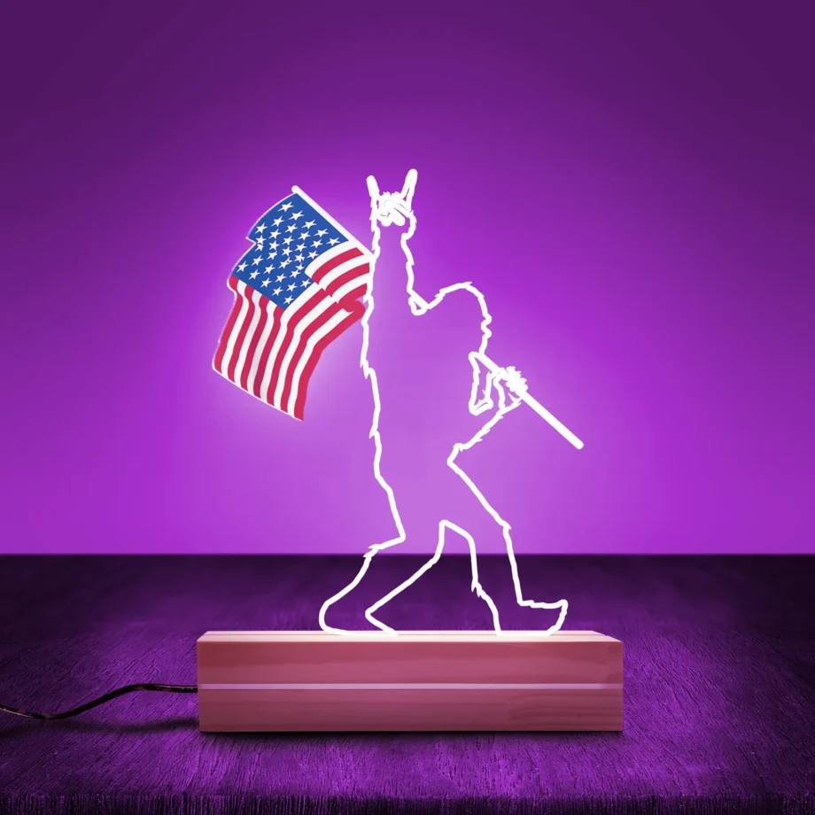 Sasquatch LED lamp with American flag and rock 'n' roll design for cool Bigfoot lighting