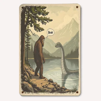 Bigfoot and Loch Ness Monster tin sign with 'Bruh' caption for cryptid home decor