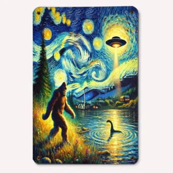 Bigfoot and Loch Ness UFO tin sign inspired by Van Gogh's Starry Night for cryptid decor