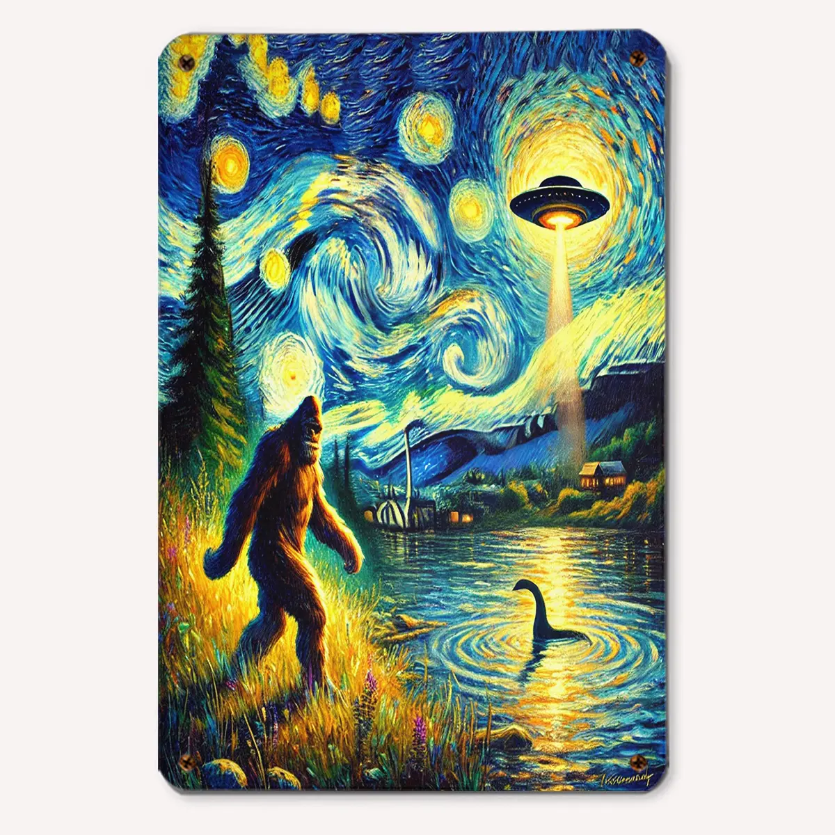 Colorful metal sign featuring Bigfoot walking by a lakeshore under a starry night inspired by Van Gogh, with a glowing UFO and the Loch Ness monster in the water