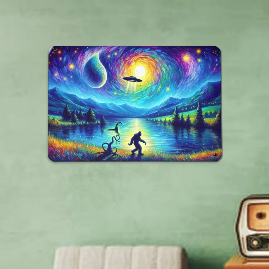 Starry Night-inspired cryptid tin sign featuring Bigfoot, Nessie, and UFO for wall decor