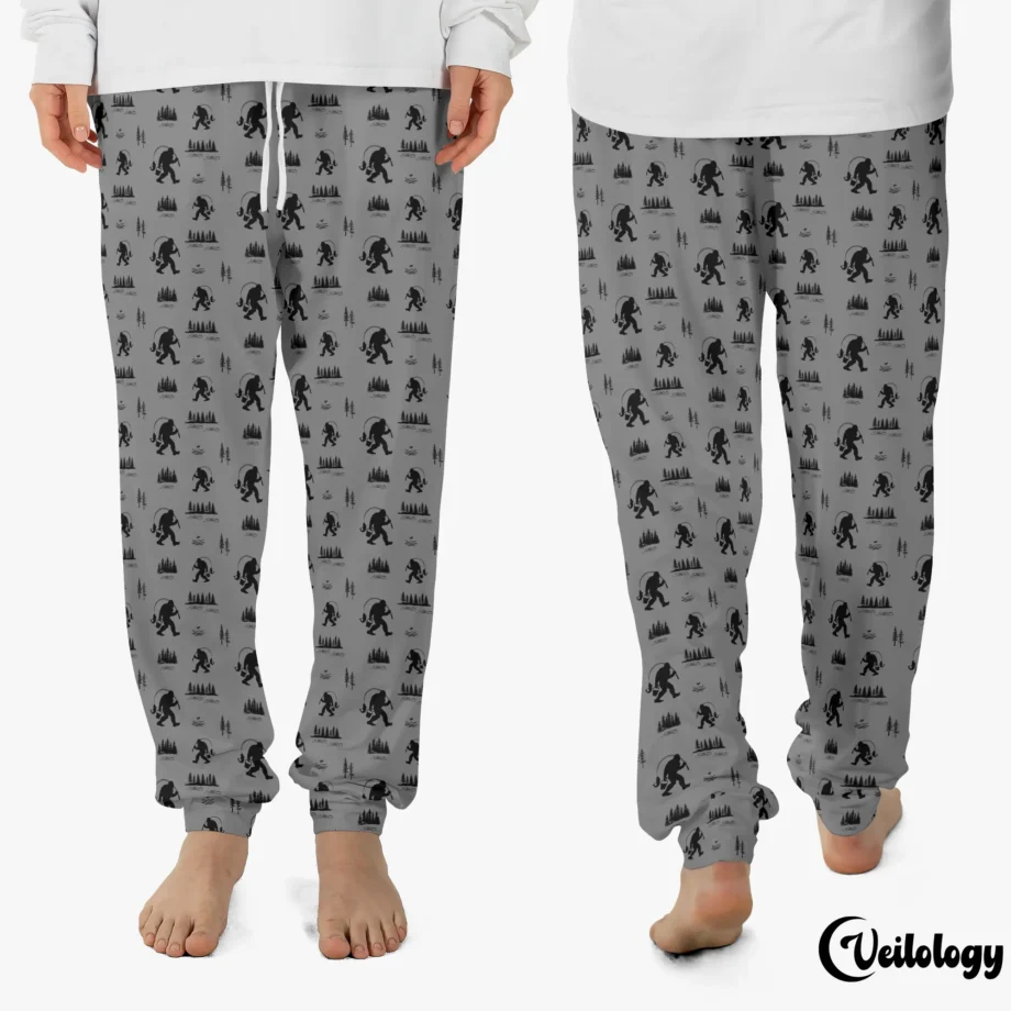 Fishing Bigfoot pajama pants with Sasquatch print for lounge and comfy wear