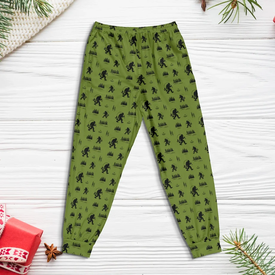 Sasquatch fishing pajama pants for lounging with all-over Bigfoot print