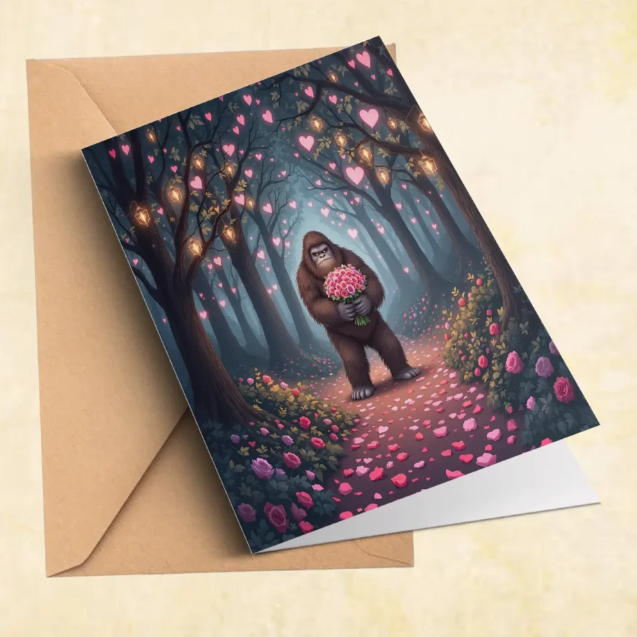 Bigfoot Valentine's card with Sasquatch offering flowers and glowing lanterns in a forest scene