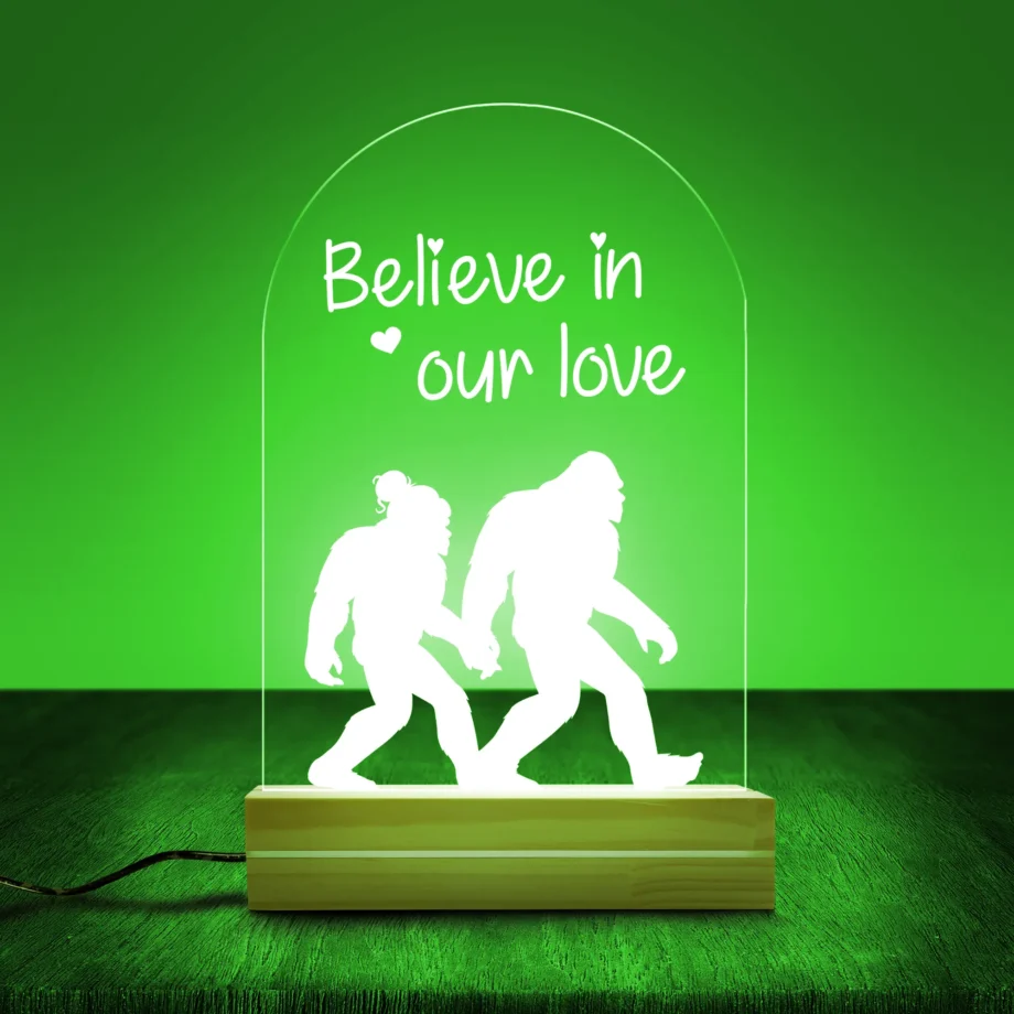 Bigfoot love Valentine's night light featuring Sasquatch couple and custom names in 3D LED