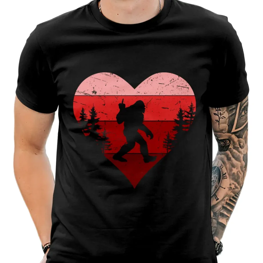 Bigfoot middle finger Valentine's Day t-shirt with Sasquatch inside a rustic heart design