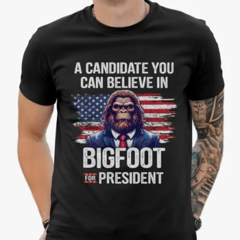 Bigfoot Sasquatch USA flag shirt with presidential campaign slogan for patriotic fans