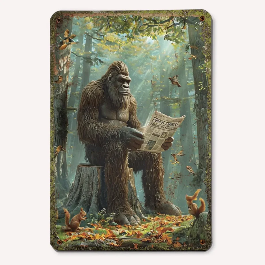 Bigfoot reading tin sign with a vintage design for Sasquatch wall decor