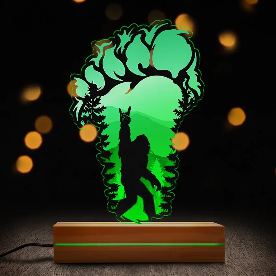 Sasquatch 3D footprint night light with Bigfoot rock and roll pose