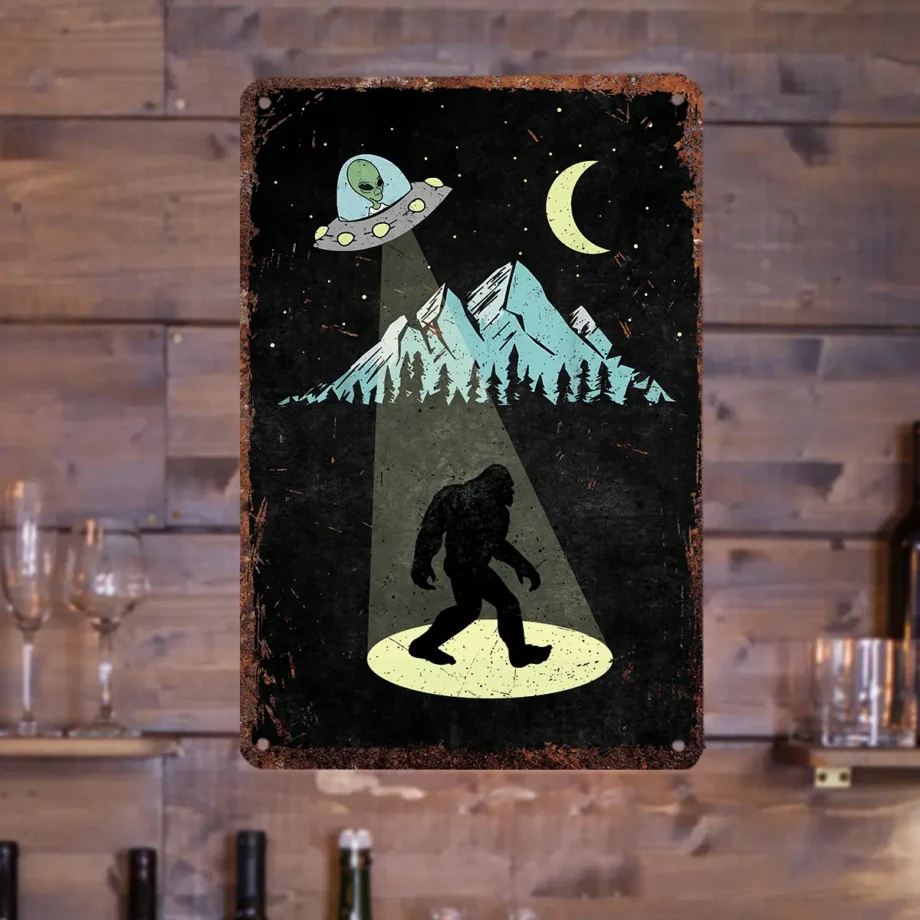 Sasquatch UFO tin sign for wall art featuring retro extraterrestrial design