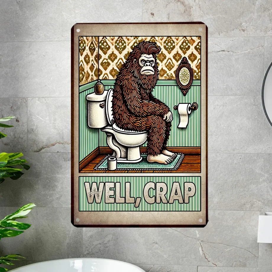 Sasquatch bathroom sign with 'Well Crap' text and Bigfoot on a toilet