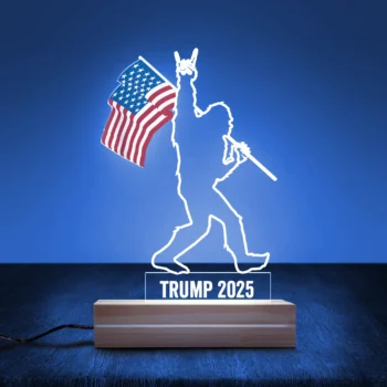 Bigfoot Trump 2025 Night Light theme, Sasquatch, and American flag design