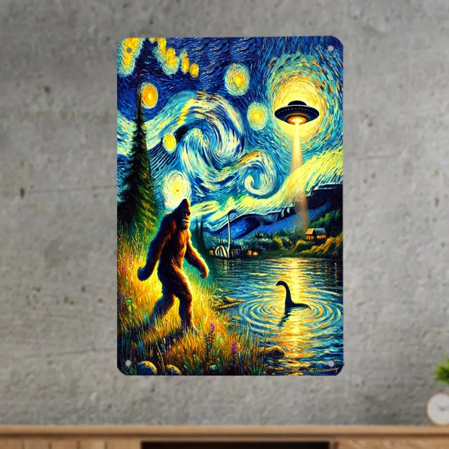 Van Gogh Starry Night inspired tin sign with Bigfoot, UFO, and Loch Ness Monster