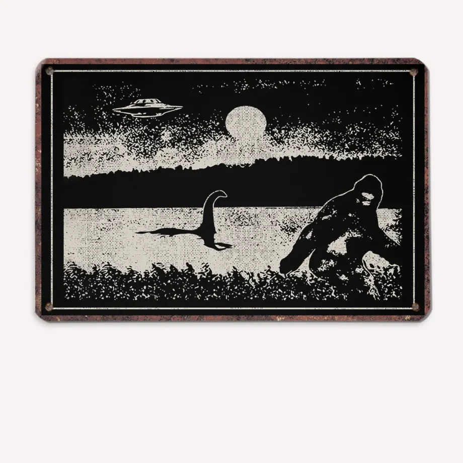 Bigfoot UFO Loch Ness Monster tin sign with Sasquatch and Nessie under a moonlit sky