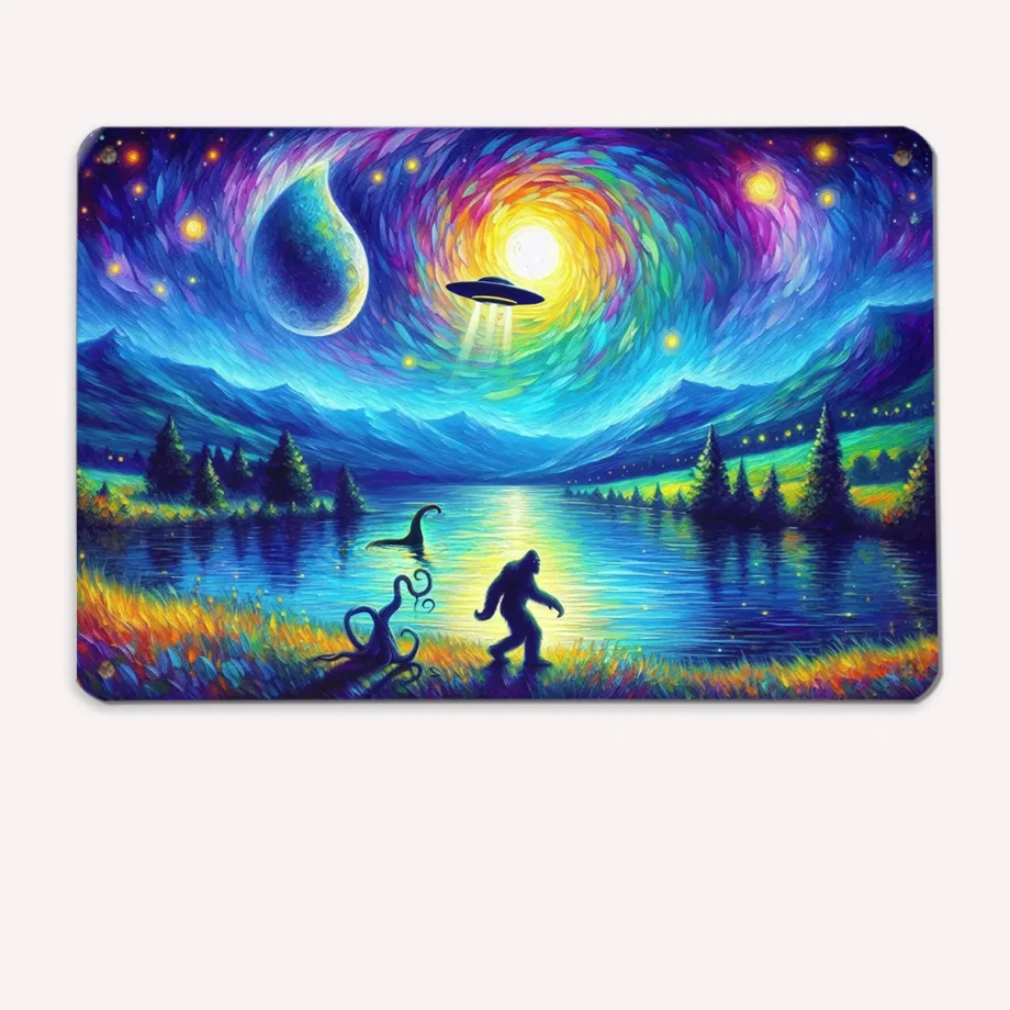 Bigfoot UFO Loch Ness metal tin sign inspired by Starry Night for home decor