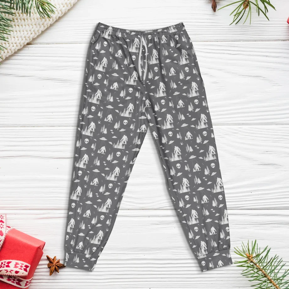 Bigfoot alien UFO pajama pants with vibrant forest backdrop