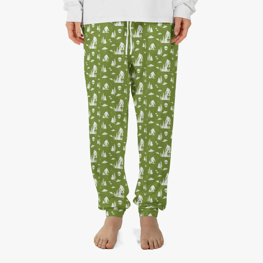 Cozy Bigfoot pajama pants with Sasquatch, UFO, and alien designs for sleepwear