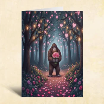 Bigfoot Valentines Day card featuring Sasquatch holding flowers in a glowing forest with hearts